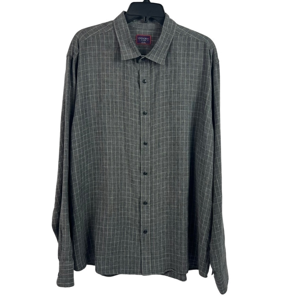 Untuckit Mens Long Sleeve Shirt Gray White Check Linen 2XL READ